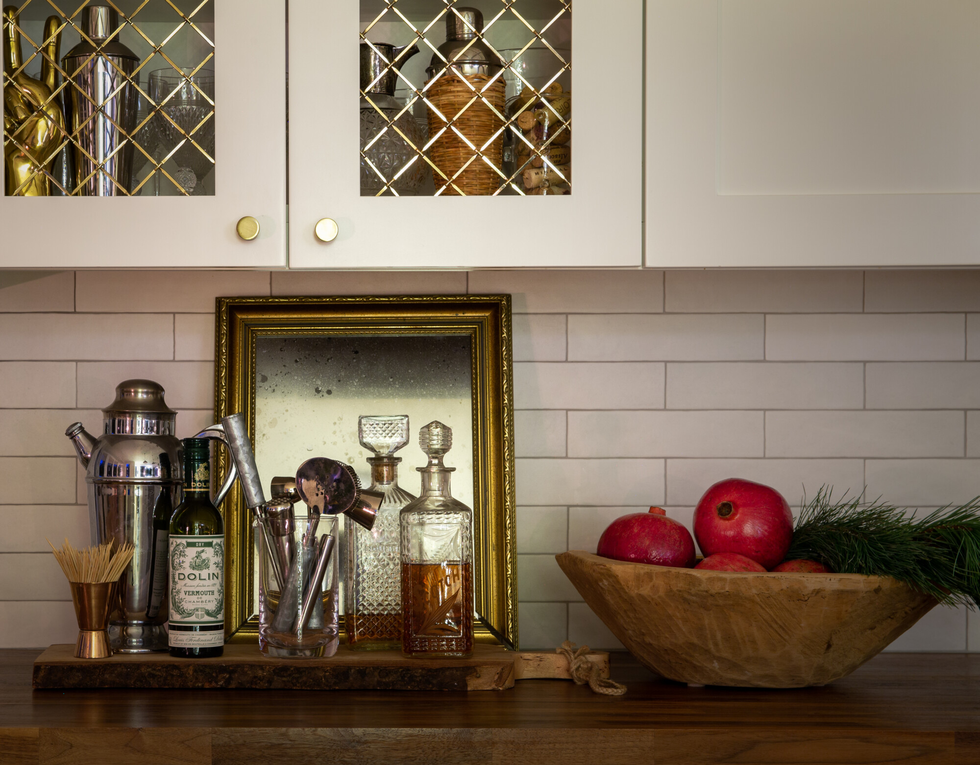 Vintage holiday decor in this small space for festive cocktails