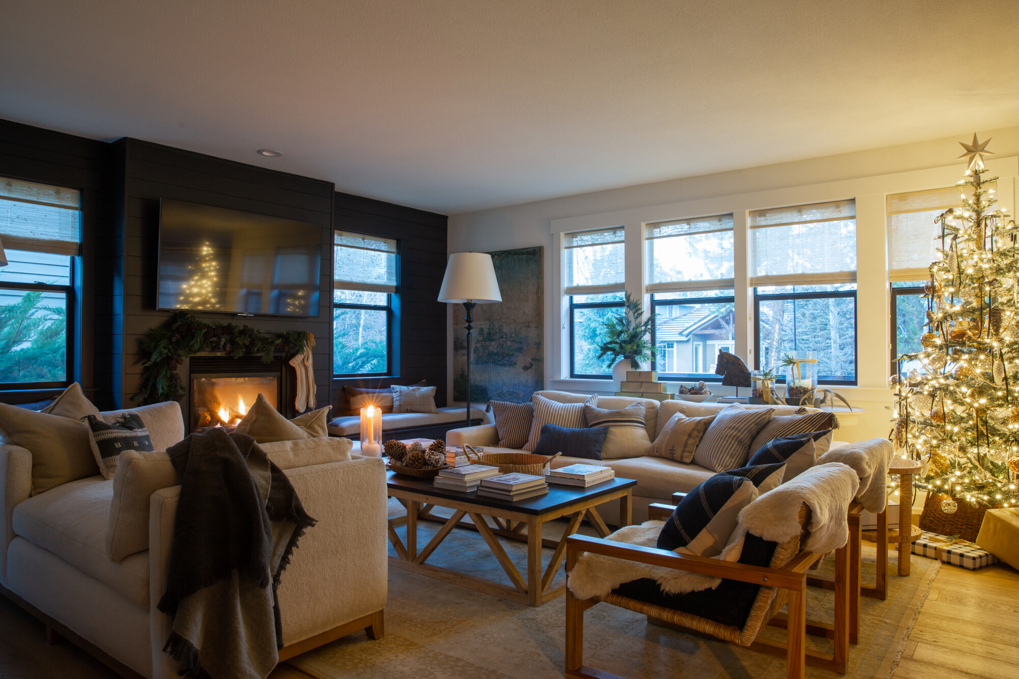 Living room decked for the holidays with textures and greenery