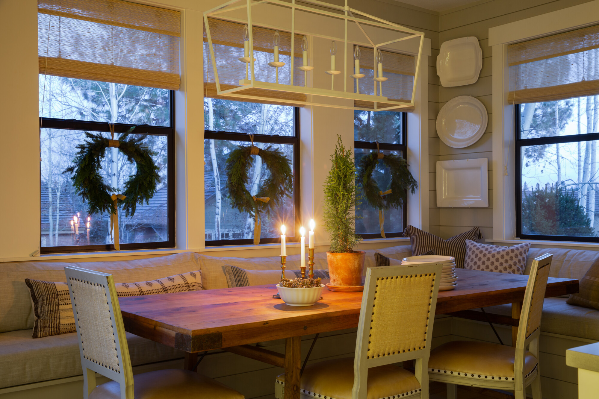 Dining Room and banquette decorated for the holidays
