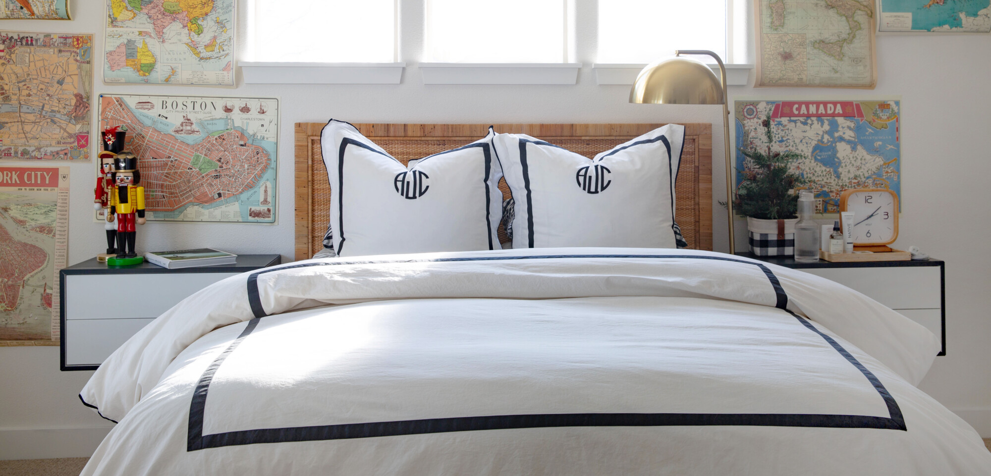 Teenager room that doubles as a guest room, classic hotel inspired bedding