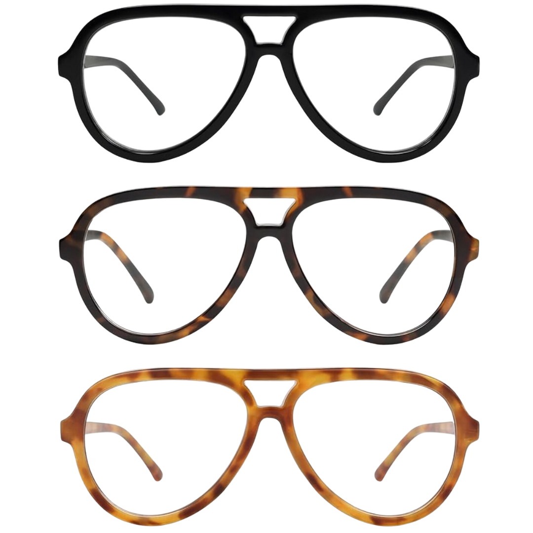 A set of three oversized, retro-inspired aviator glasses in classic black and tortoise finishes, perfect for a bold yet timeless look.