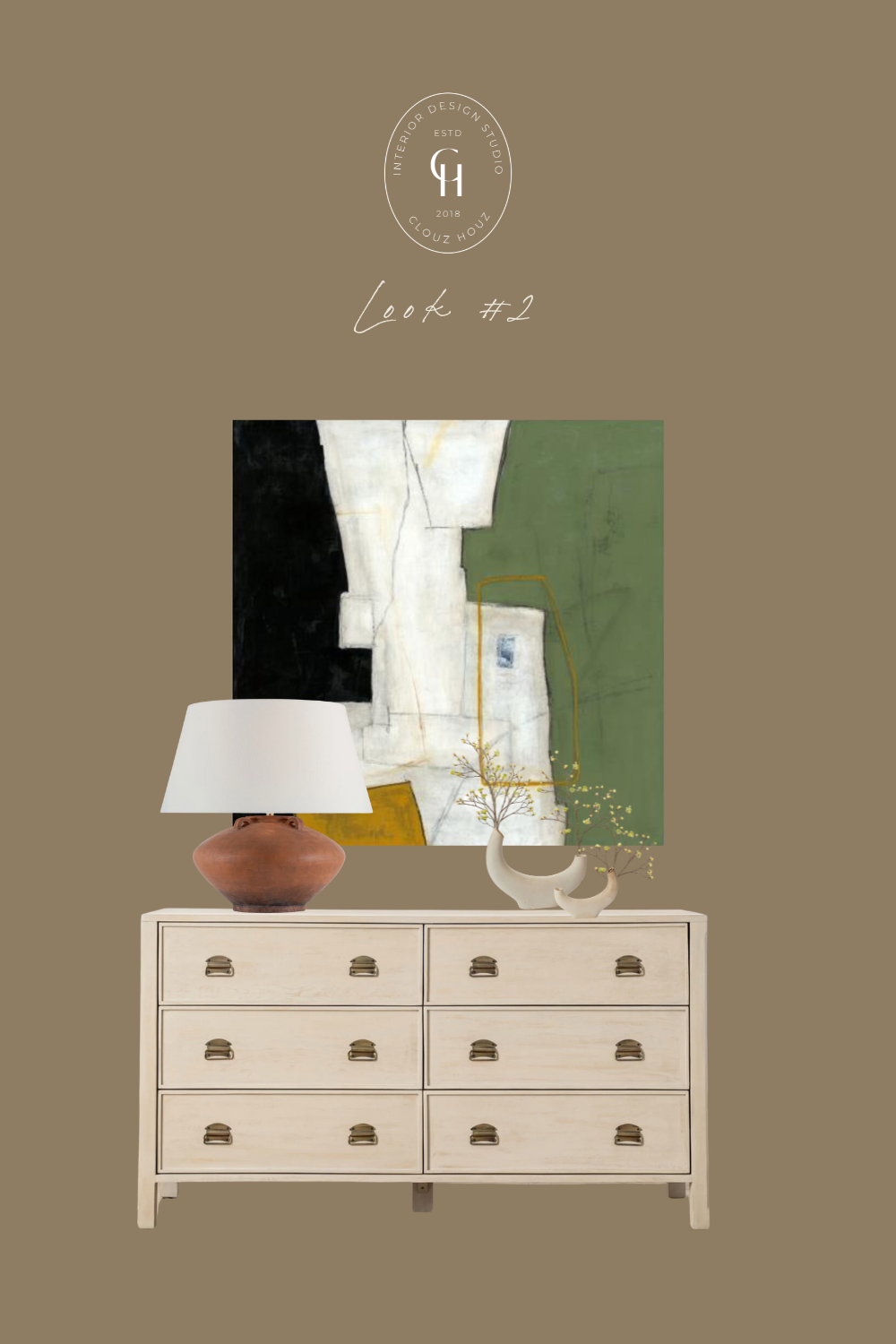 A light wood dresser with antique brass cup pulls is styled with a terracotta table lamp, an abstract painting in shades of green, white, and black, a ceramic vase with dried branches, and a unique sculptural accessory for a soft and artistic look.