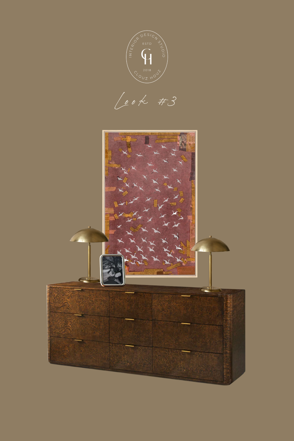 A rich, textured dark wood dresser is adorned with brass table lamps, a bold artwork featuring birds and warm hues, and a personal touch with a framed black-and-white photograph for a warm and eclectic atmosphere.