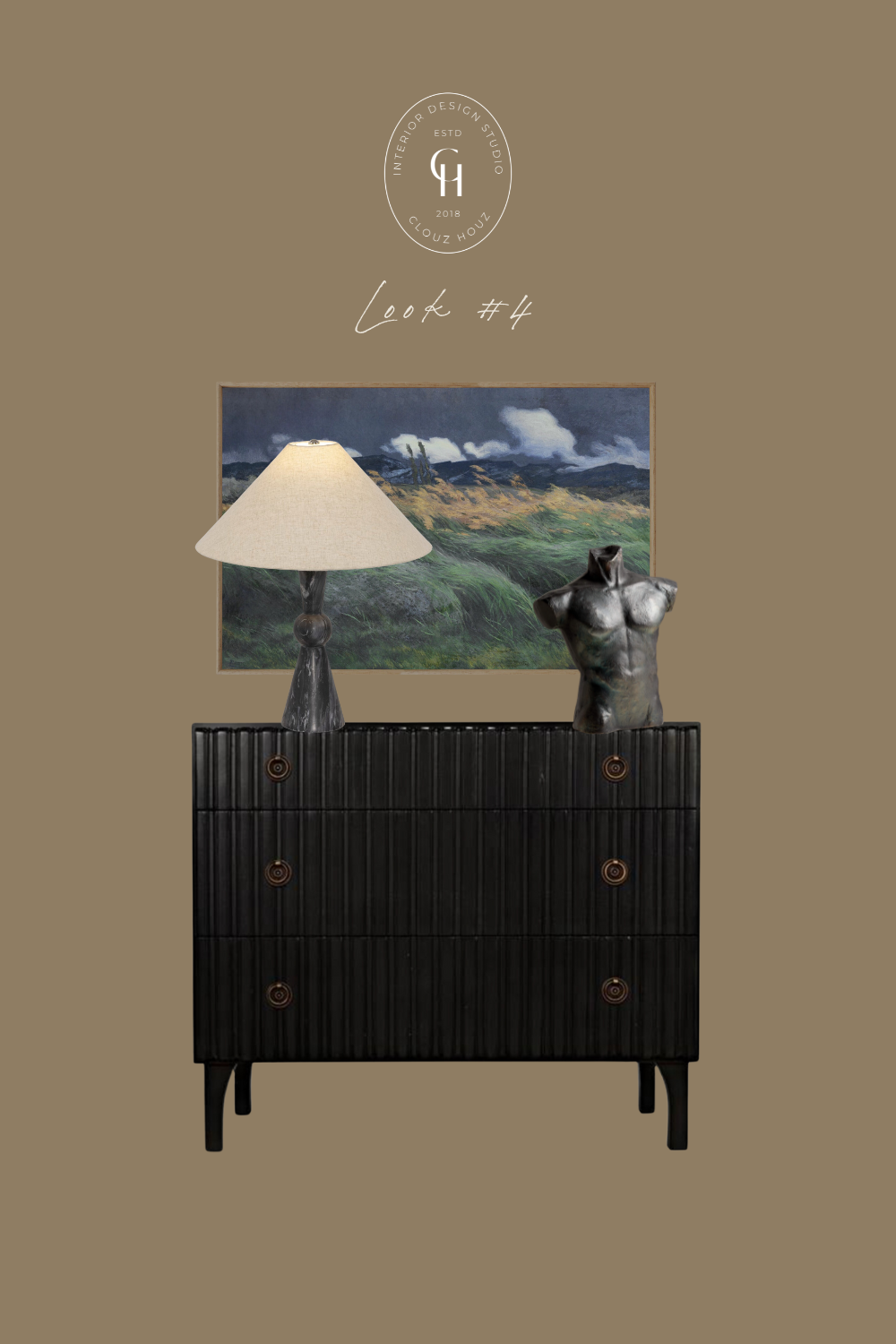 A black fluted dresser with brass accents is styled with a marble-based table lamp, a bronze torso sculpture, and a moody landscape painting, creating a dramatic and sophisticated statement piece.