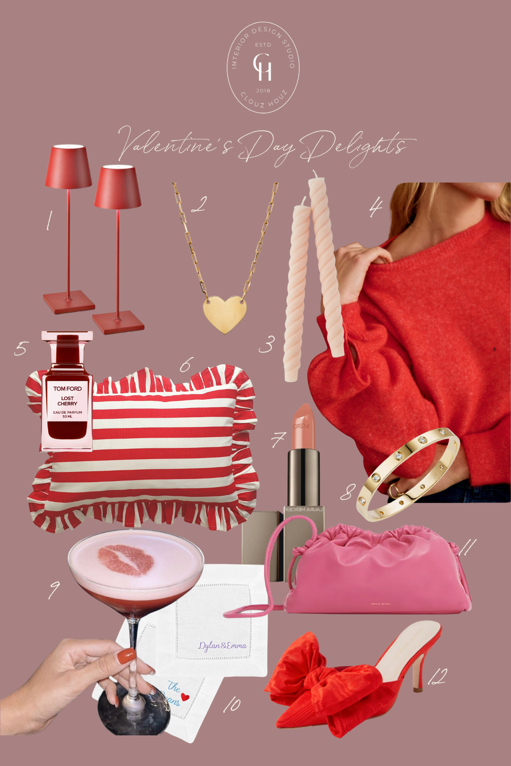 A curated Valentine's Day mood board featuring chic and romantic gift ideas: bold red table lamps, a gold heart necklace, twisted blush candles, a cozy red sweater, Tom Ford Lost Cherry perfume, a striped red and white pillow with ruffled edges, a peachy nude lipstick, a gold bracelet with diamond accents, a pink cocktail with a lip-shaped stencil, custom embroidered napkins, a pink ruched handbag, and red bow-adorned heels. Perfect inspiration for love-themed gifting or indulgent self-care.