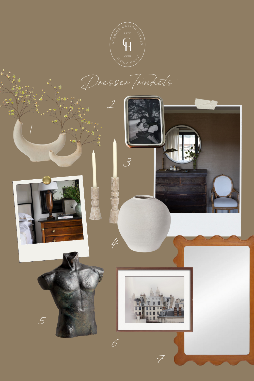 Curated dresser styling essentials featuring unique and timeless accents: modern ceramic vases, a sculptural bust, elegant candleholders, a scalloped mirror, framed cityscape art, and sentimental photo frames. Perfect for creating a personalized and sophisticated dresser vignette.