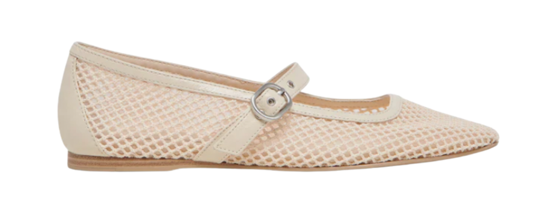 Cream mesh ballet flats with a Mary Jane strap and buckle detail, perfect for spring and summer outfits.
