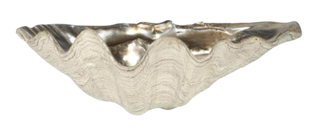 Oversized decorative resin bowl shaped like a clam shell with a shimmering silver finish.