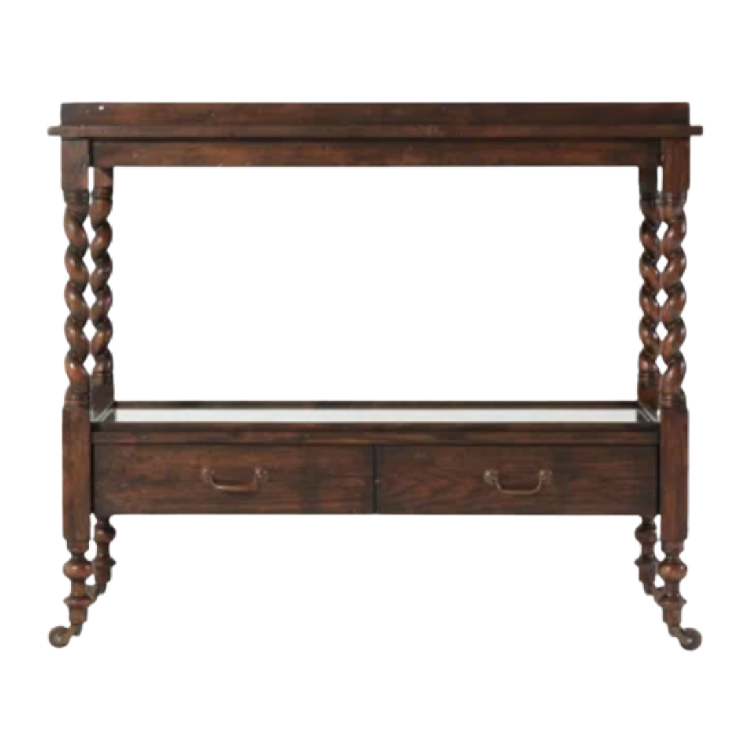 Dark oak console table with barley twist legs and two drawers, ideal for entryways or living spaces.