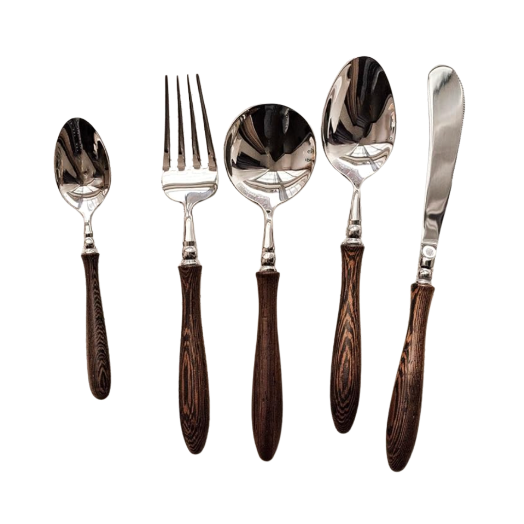 Five-piece flatware set with polished silver heads and rich wood grain handles, ideal for a rustic or elevated dining table.