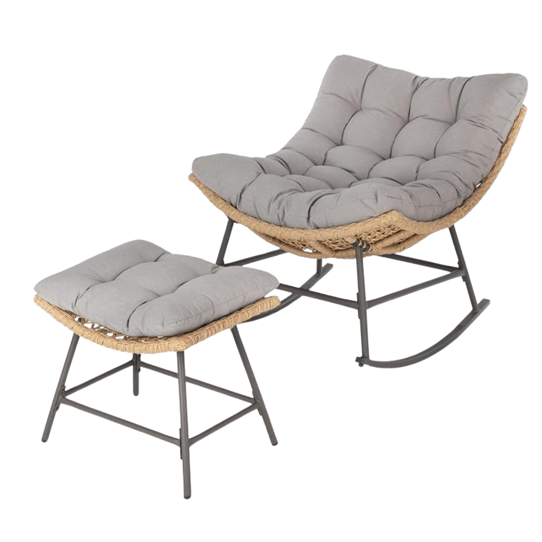 A cozy, cushioned outdoor rocking chair with matching ottoman, perfect for relaxing on a porch or patio.