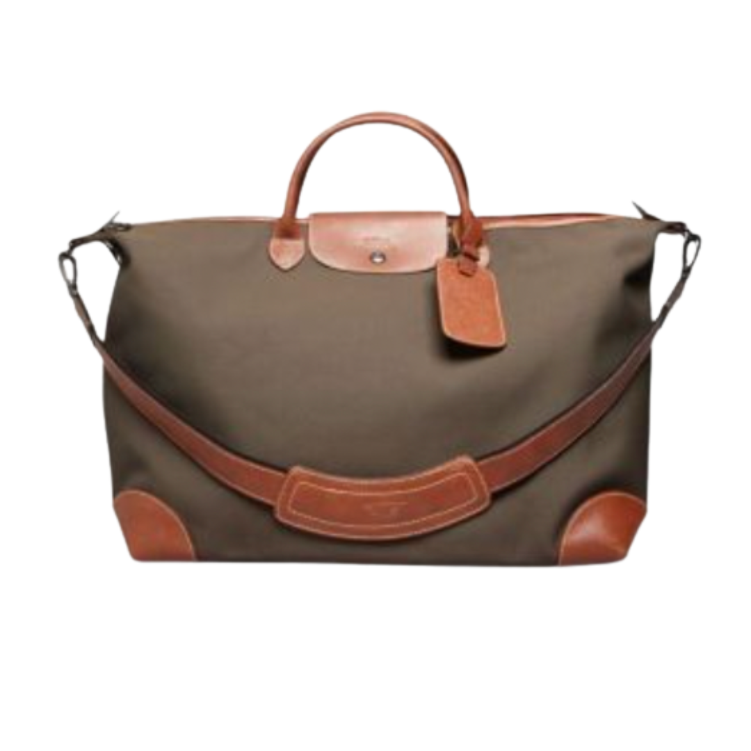 Weekend duffle bag – A handsome olive green and brown leather-trimmed travel duffle bag with a shoulder strap and luggage tag.