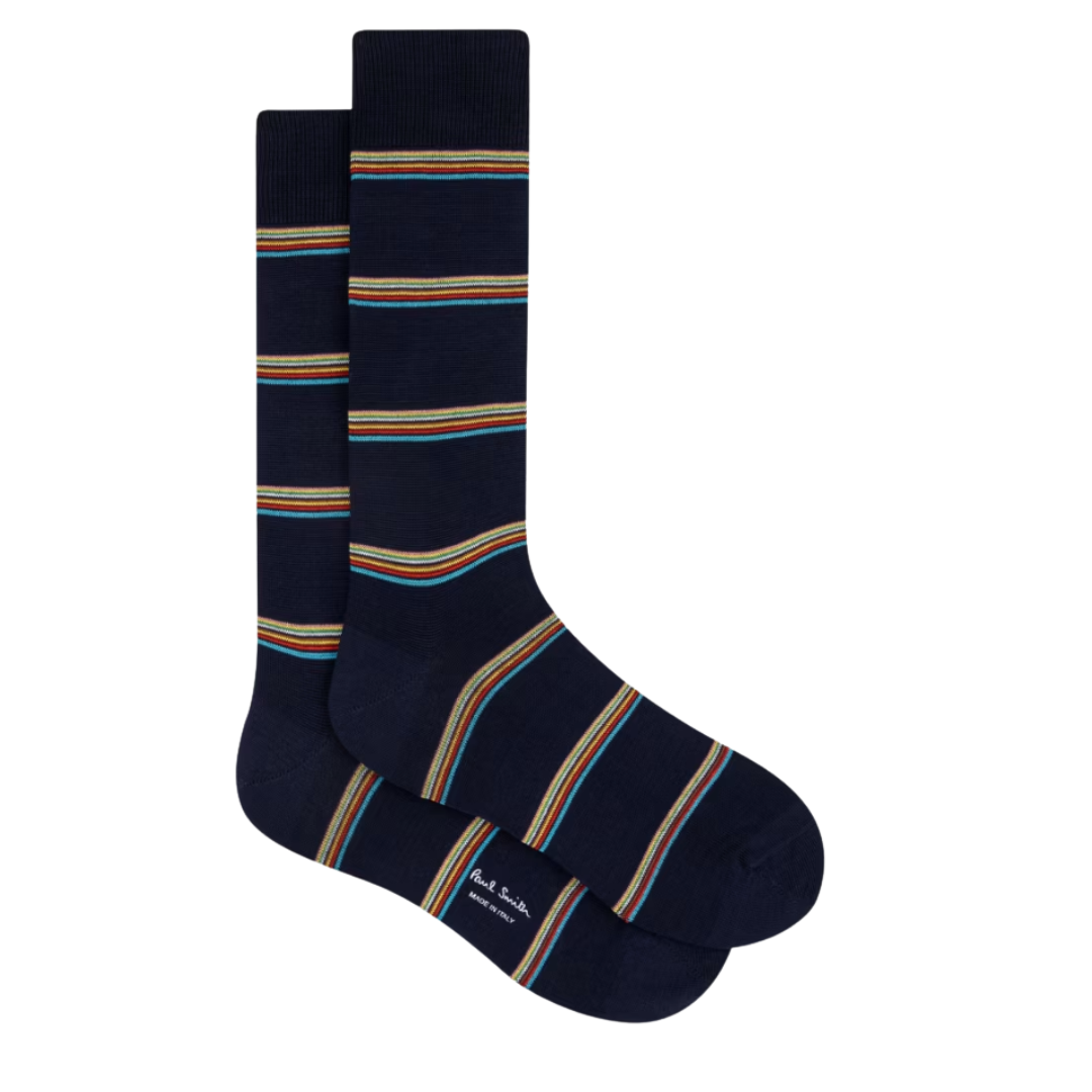 Striped socks – A pair of navy dress socks with multicolored horizontal stripes from Paul Smith.