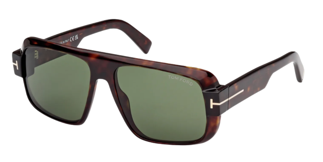 Tom Ford sunglasses – A pair of Tom Ford tortoiseshell sunglasses with green lenses and signature “T” detail on the sides.
