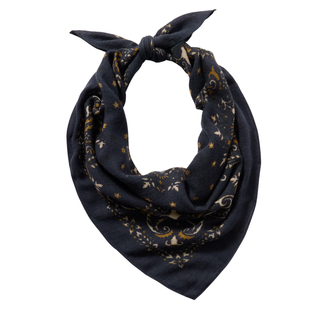 Dark navy cotton bandana with a gold floral pattern, tied in a classic knot.