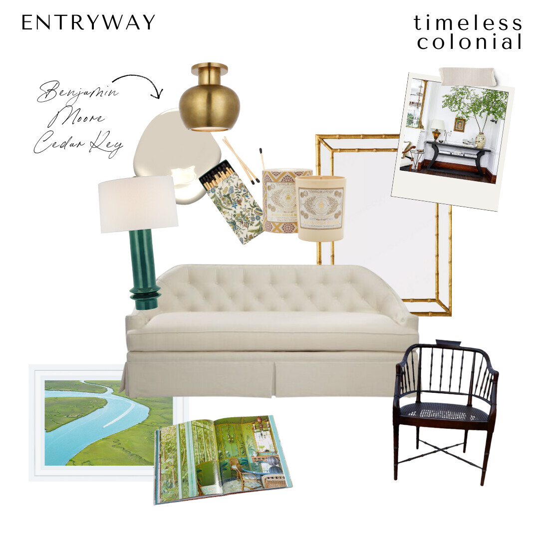 Conceptual entryway mood board for a Charleston colonial home featuring a tufted cream sofa, bamboo mirror, green ceramic lamp, brass flush mount light, and Benjamin Moore Cedar Key paint swatch.