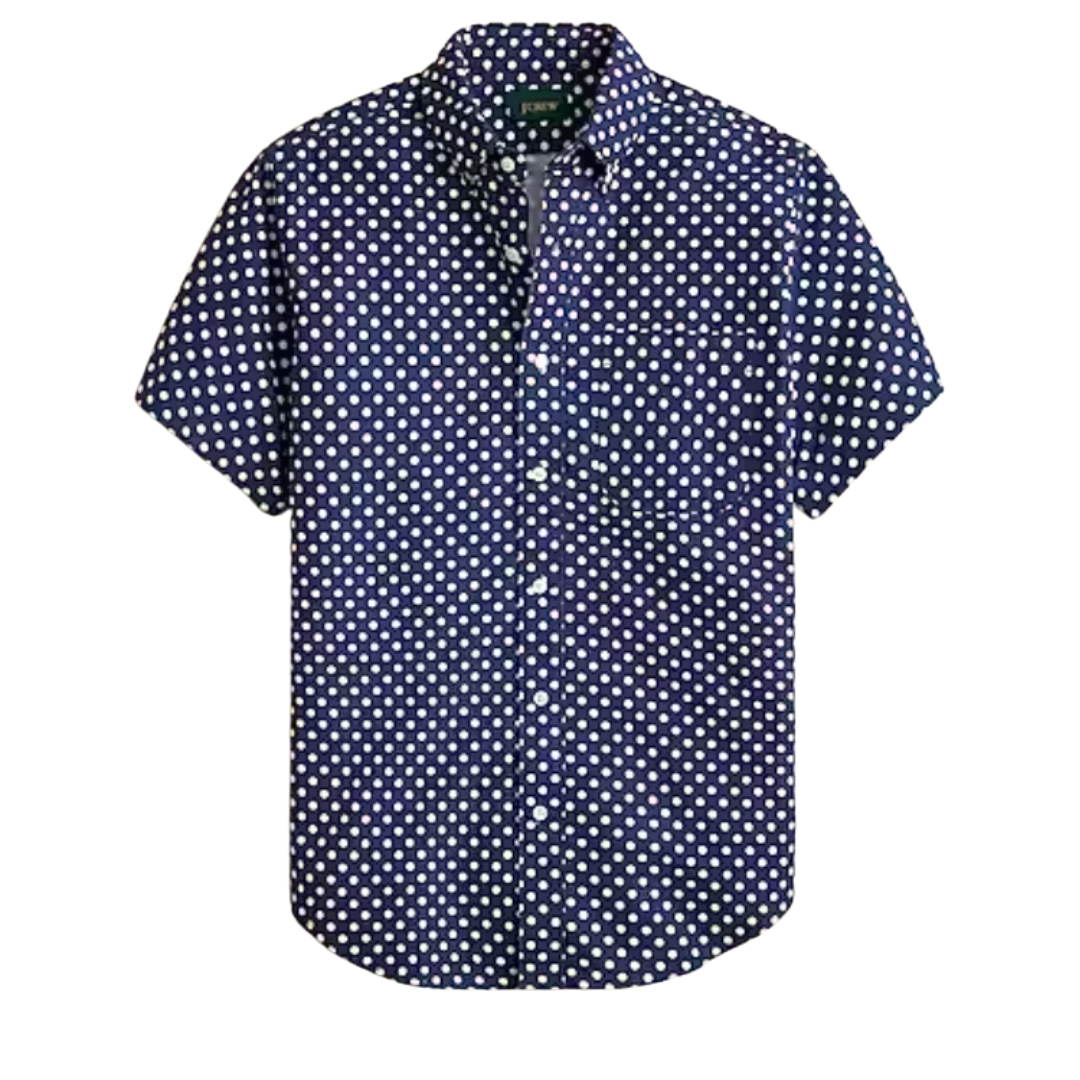 Short-sleeve navy shirt with white polka dots and a button-up front, from J.Crew.