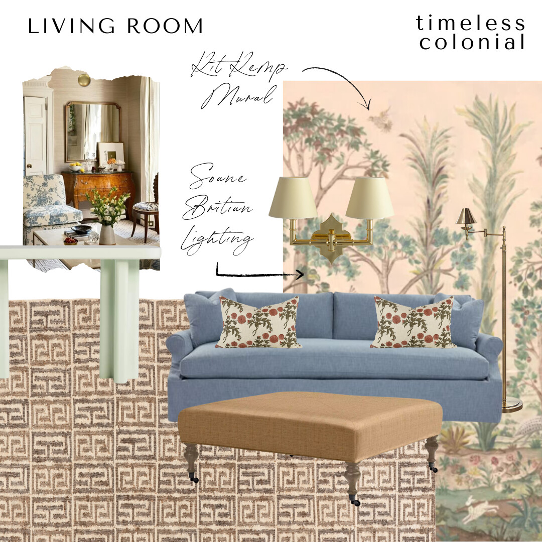 Living room design board with a blue sofa, floral block-print pillows, Greek key rug, mural wall inspired by Kit Kemp, brass sconces from Soane Britain, and a textured ottoman
