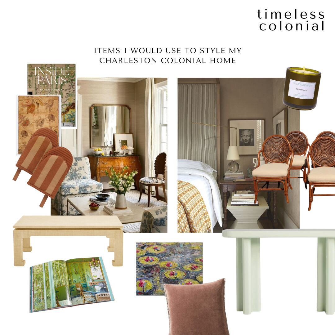 Assorted styling ideas for a Charleston colonial home including floral artwork, striped armchairs, Paris decor book, woven cane chairs, green candle, and vintage-inspired pillows.