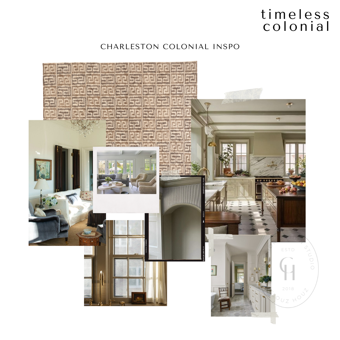 Inspiration collage for a Charleston colonial home with images of historic interiors, layered moldings, patterned tile kitchen floors, arched doorways, and traditional lighting.