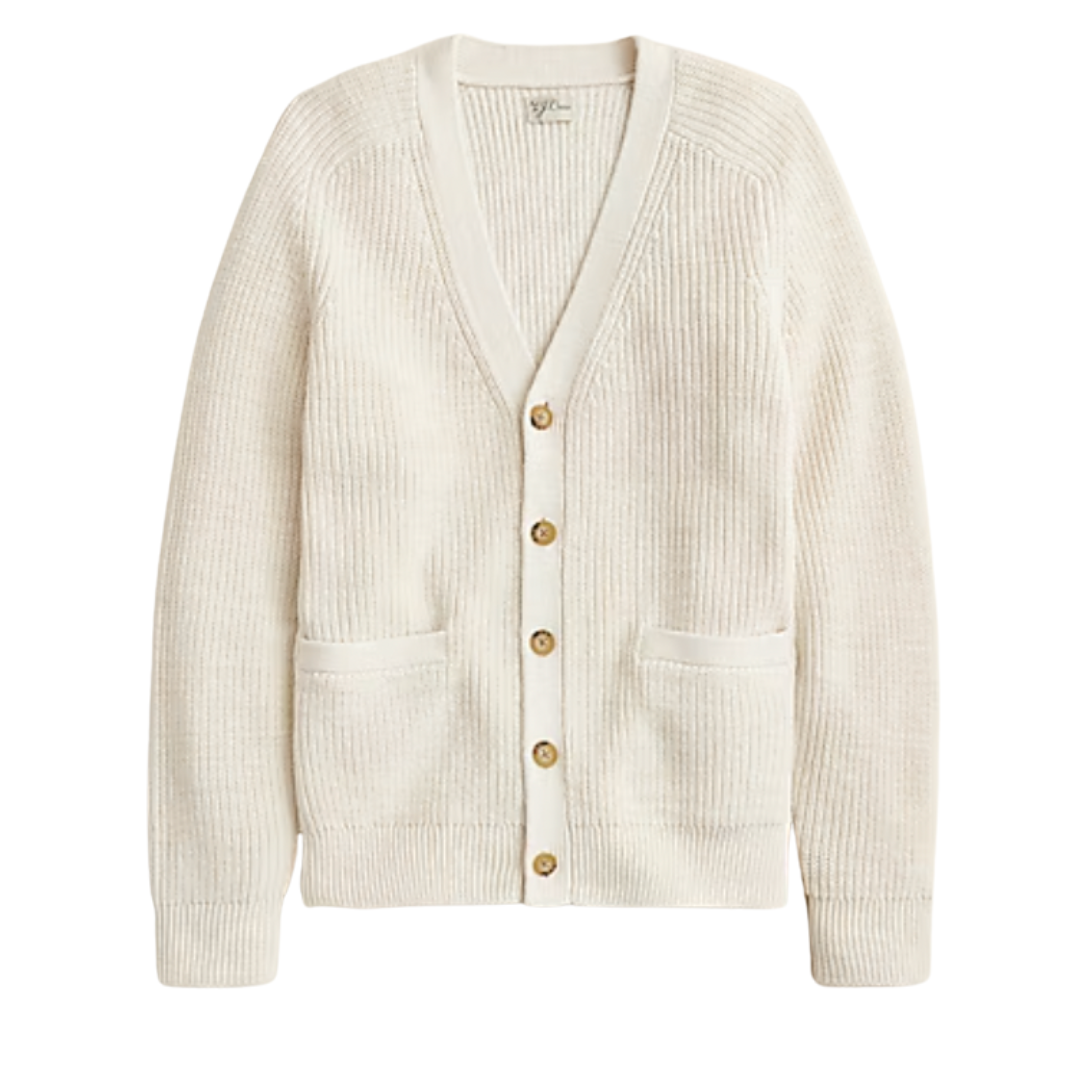 Chunky knit cream cardigan with front pockets and gold button closures.