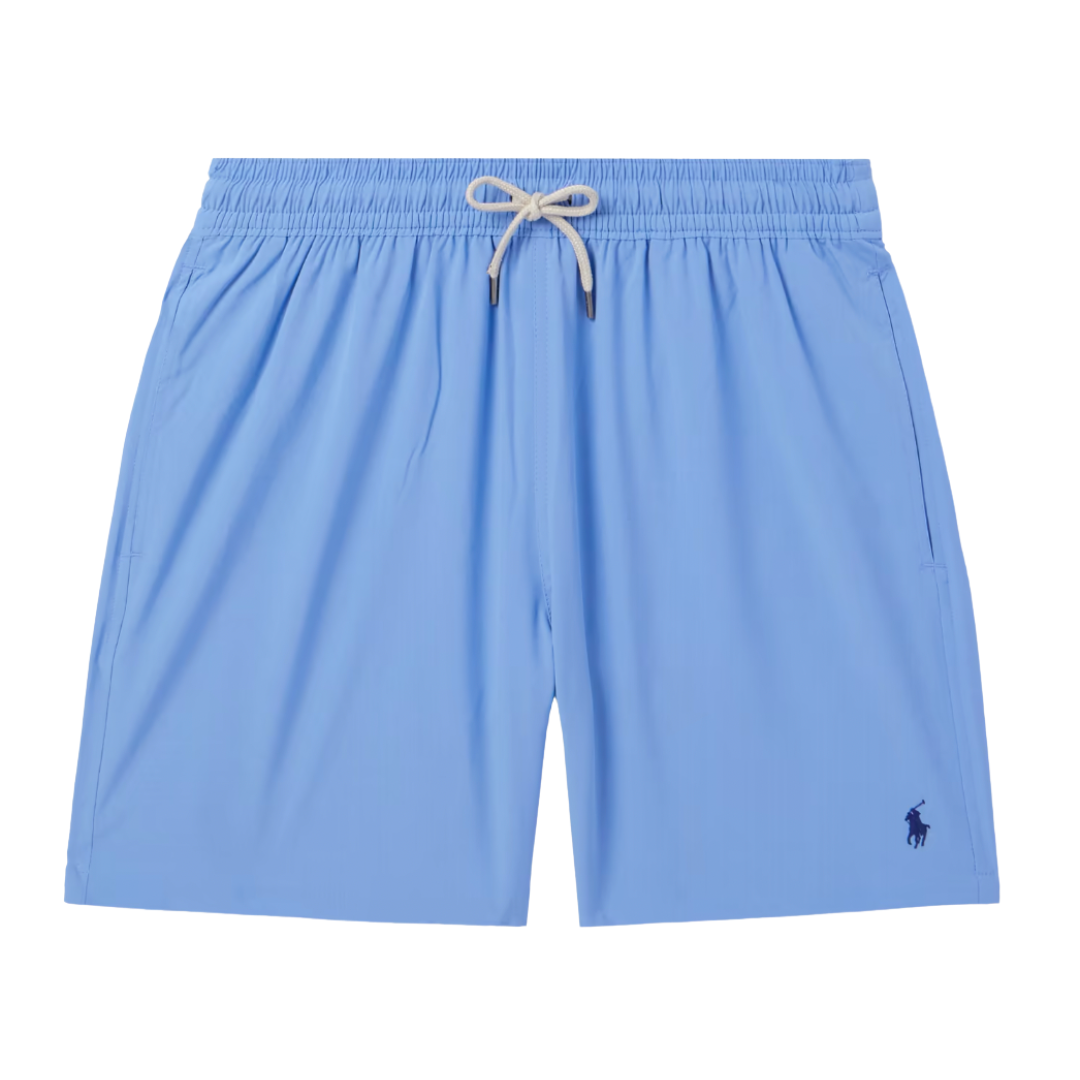 Men’s light blue swim shorts with an elastic waistband and drawstring tie.