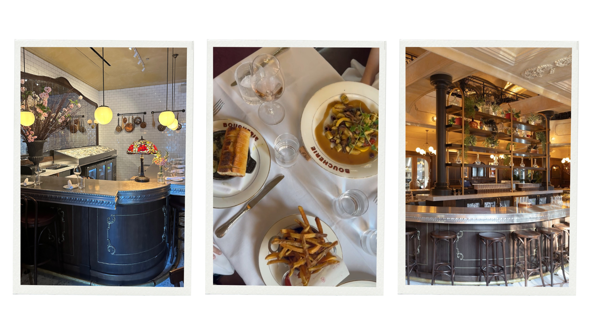 A trio of photos from the Bouchon bistro in Chicago: (1) A charming oyster bar with dark wood paneling, globe pendant lights, a stained glass lamp, and hanging copper pots, (2) A table set with French dishes including fresh pasta, fries, and rosé wine on branded Bouchon plates, and (3) The grand bar area featuring elegant detailing, black columns, glassware, and greenery styled on overhead shelving.