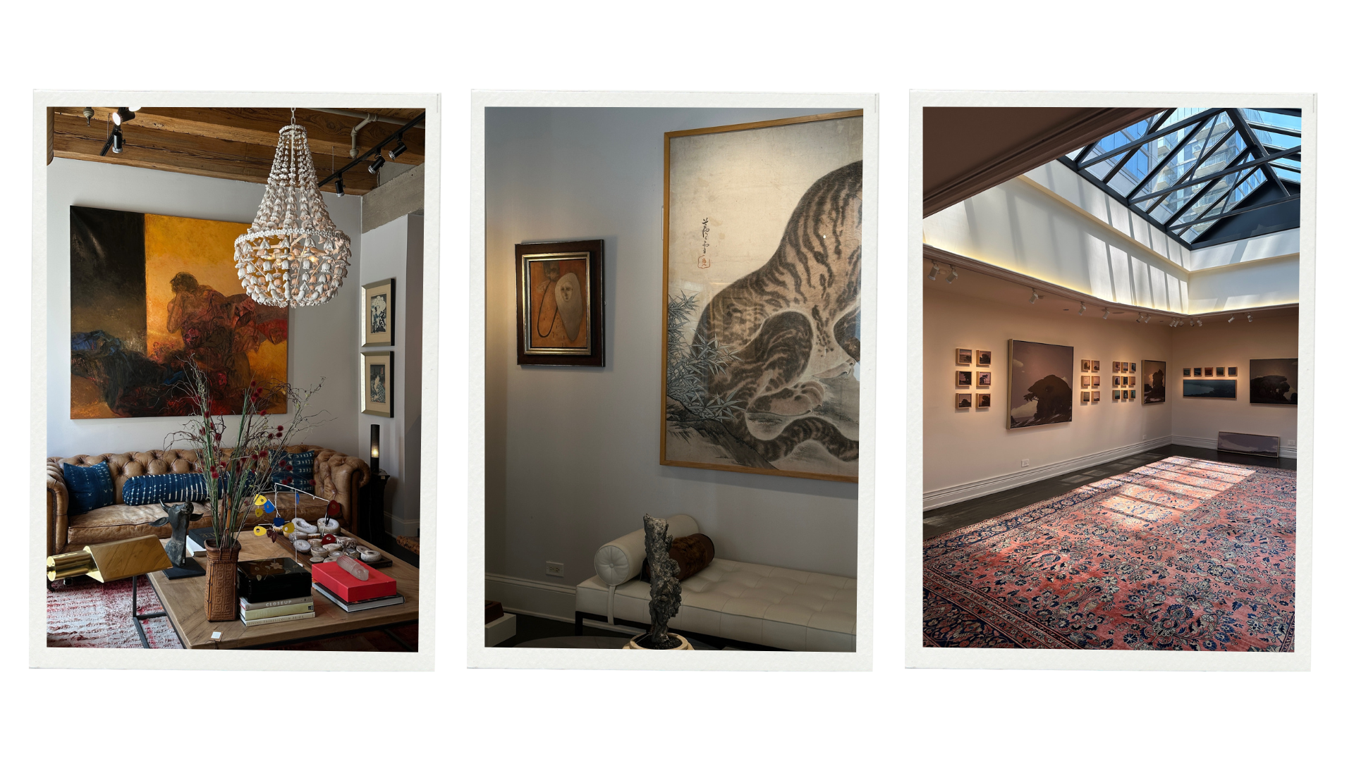 A trio of images from an eclectic art-filled gallery and showroom: (1) A cozy seating area with a tufted leather sofa, beaded chandelier, and bold abstract portrait above the couch, styled with colorful books, vases, and sculptural decor on the coffee table. (2) A close-up of a minimal corner featuring a Japanese-style tiger painting, a white tufted bench, and a small sculptural figure. (3) A bright gallery room with a dramatic glass skylight and Persian-style pink rug, featuring moody landscape paintings and photography hung on neutral walls.