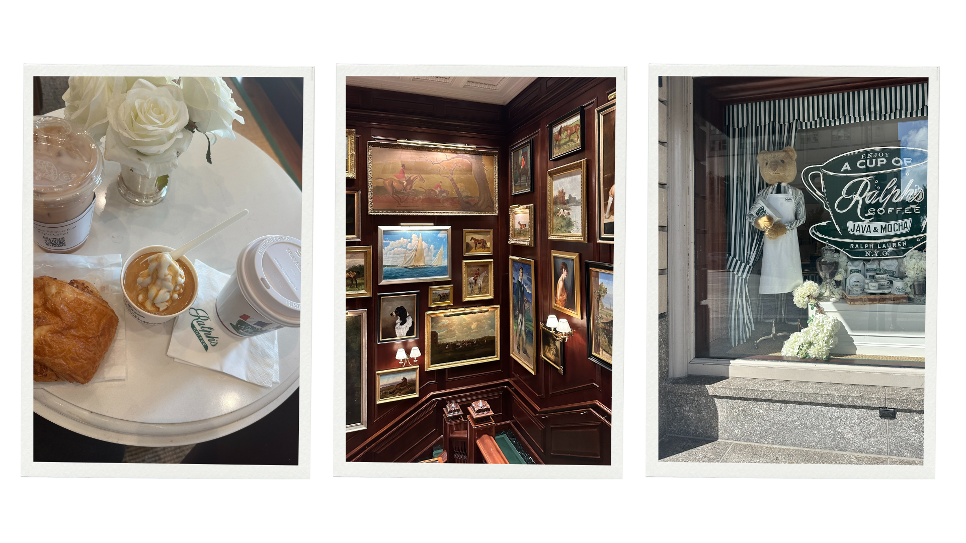 Three photos from a visit to Ralph Lauren Chicago: (1) A table at Ralph's Coffee with coffee drinks, a pastry, and a cup of ice cream next to a white rose arrangement; (2) A staircase gallery wall filled with vintage paintings in ornate frames inside the Ralph Lauren store; (3) The exterior display window featuring a Ralph Lauren bear dressed as a barista with striped curtains and floral decor.