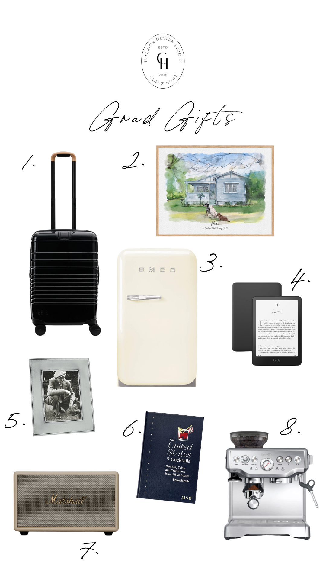 Some things just feel like the start of a new chapter. A good carry-on (because the post-grad trips hit different). A watercolor of home—sentimental but not cheesy. That Smeg fridge? The ultimate glow-up for a first apartment. I added in a Kindle too because, yes, they’ll read again once finals are over. A silver frame for that one photo that always makes them smile, and a cocktail book to say cheers to everything ahead. The Marshall speaker is just cool. And the espresso machine? Necessary. Like, truly necessary.