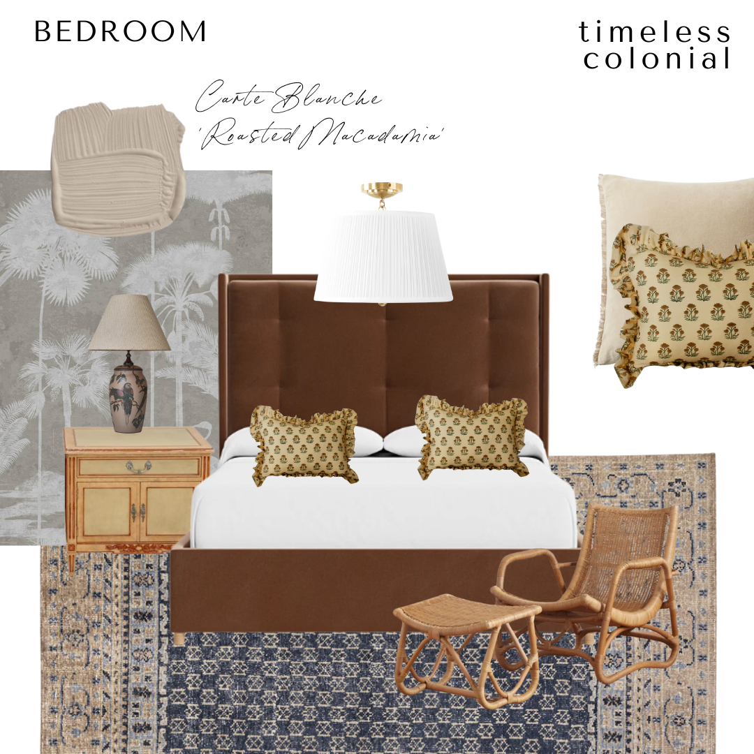 Charleston colonial-inspired bedroom mood board featuring a chocolate brown brushed velvet bed, vintage wood nightstand with a floral ceramic lamp, block-print ruffle-edge pillows, pleated flush mount ceiling light, layered blue patterned rugs, rattan lounge chair and ottoman, tropical palm wallpaper mural, and a 'Roasted Macadamia' paint swatch
