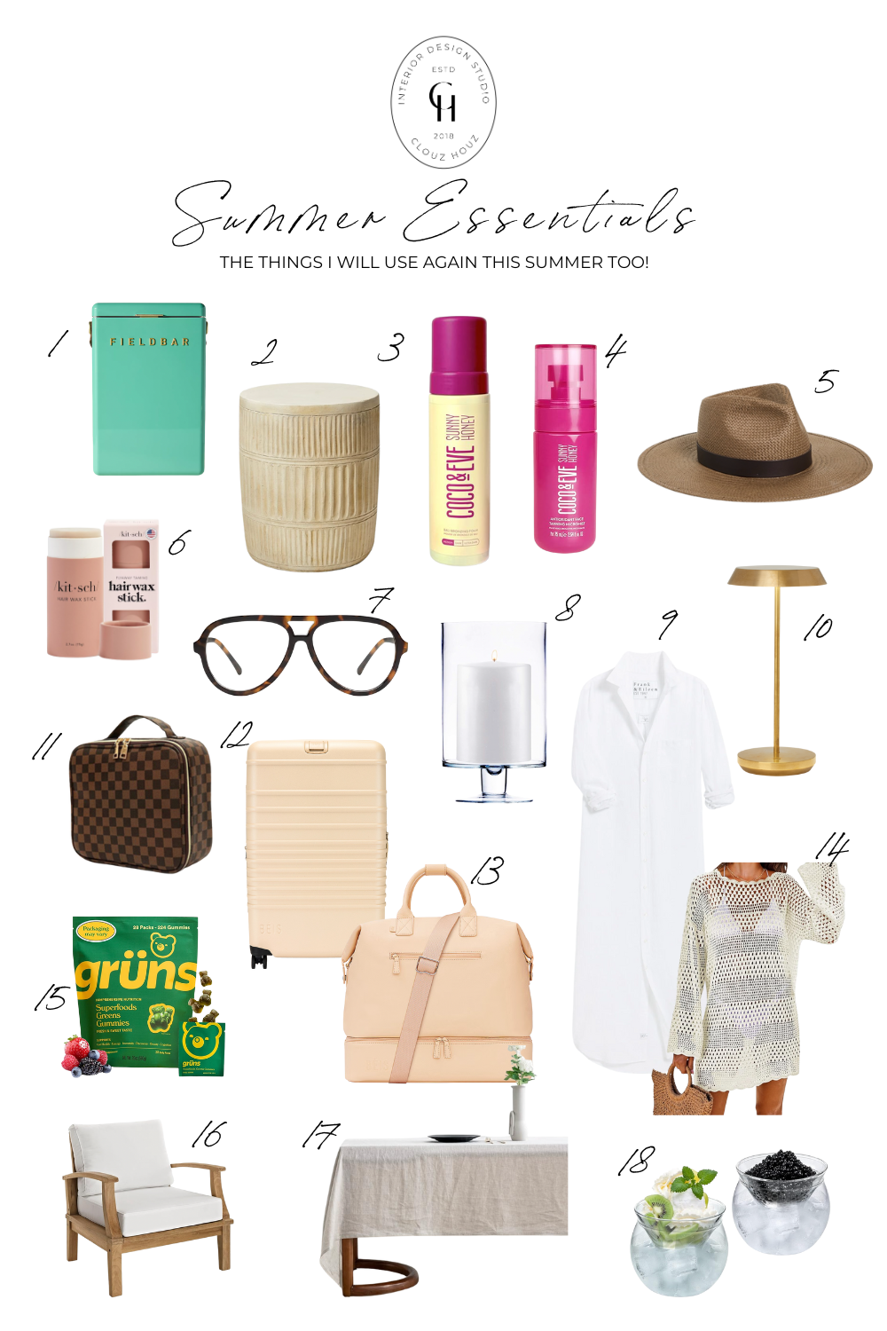 A curated flatlay-style collage titled “Summer Essentials” featuring 18 numbered lifestyle products including a Fieldbar drink box, outdoor side table, Coco & Eve self tanners, straw hat, hair wax stick, tortoiseshell glasses, hurricane candle holder, cordless lamp, linen dress, weekender bag, checker print makeup case, BEIS carry-on, crochet swim cover-up, Grüns superfood gummies, outdoor lounge chair, linen tablecloth, and double-walled chiller glasses—styled with the Clouz Houz logo and captioned “The Things I Will Use Again This Summer Too!”