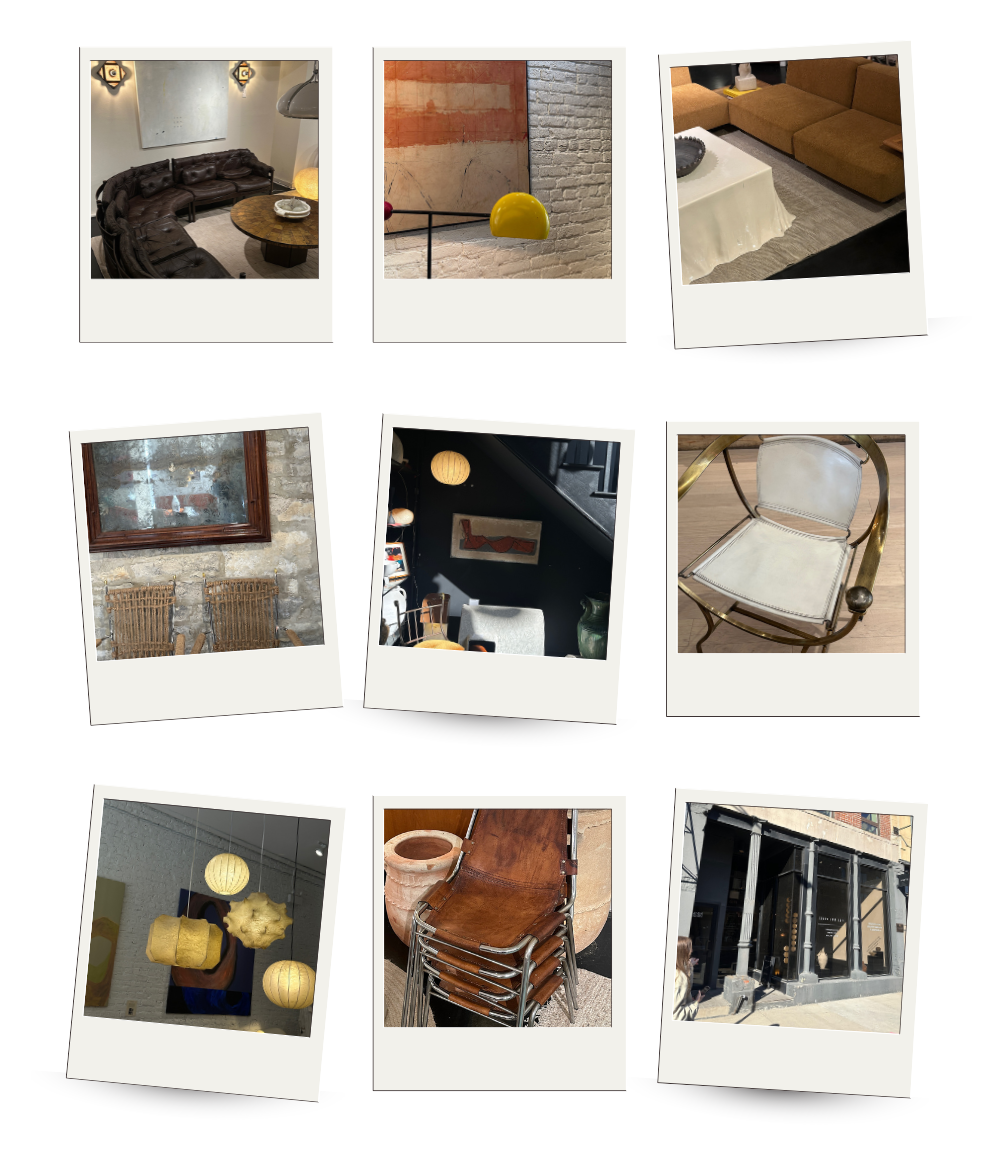 A collage of polaroid-style snapshots from a vintage furniture and design showroom: (1) A brown tufted sectional in a cozy room with wall sconces, (2) a modern yellow lamp in front of an abstract red and white painting, (3) a low rust-colored sectional with a draped white coffee table, (4) woven chairs under a rustic mirror on a stone wall, (5) a moody black-walled corner with hanging paper lights and eclectic decor, (6) a brass and leather accent chair, (7) hanging sculptural light fixtures, (8) stacked leather and chrome dining chairs next to a terracotta pot, and (9) the storefront exterior with black trim and large windows.