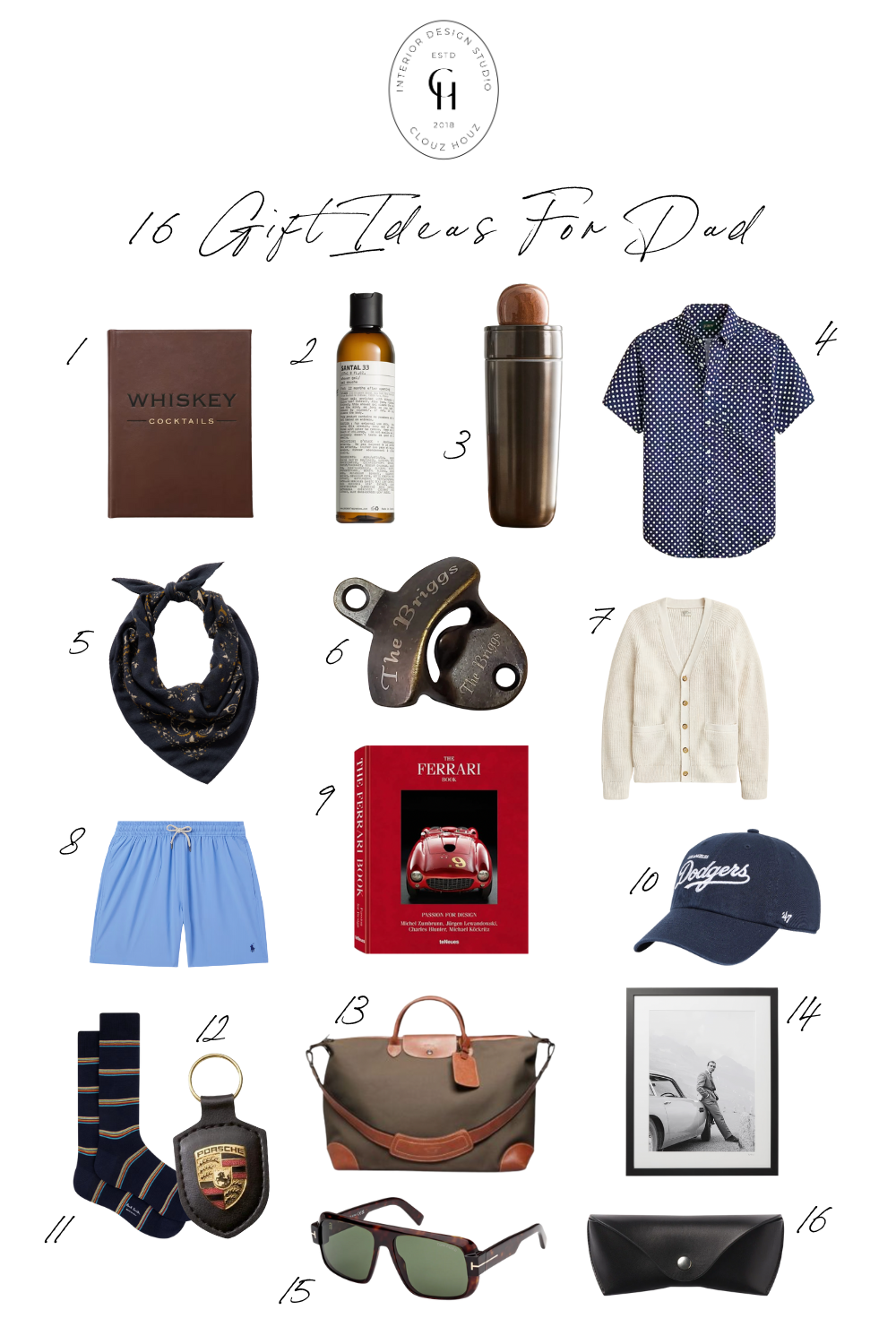 Flat lay of 16 Father’s Day gift ideas for men, including stylish and practical items like a whiskey cocktail book, Le Labo Santal 33 shower gel, bronze cocktail shaker, polka dot button-up shirt, navy bandana, personalized wall-mounted bottle opener, cream cardigan, light blue swim trunks, Ferrari coffee table book, Dodgers baseball cap, striped Paul Smith socks, Porsche leather keychain, green and leather duffle bag, framed Sean Connery photo, Tom Ford sunglasses, and a leather sunglasses case. Designed by Clouz Houz Interior Design Studio.