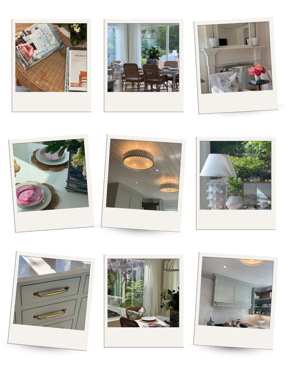 A collage of nine Polaroid-style snapshots showcasing light-filled interior moments: coastal coffee table books, rattan dining chairs, a styled mantel with florals, pink dessert plates on woven placemats, sculptural flush mount lighting, a white ceramic lamp by a window, brass hardware on pale blue cabinetry, garden views through French doors, and a serene kitchen with soft blue cabinets and white tile backsplash. The images reflect a breezy, curated California cottage aesthetic.
