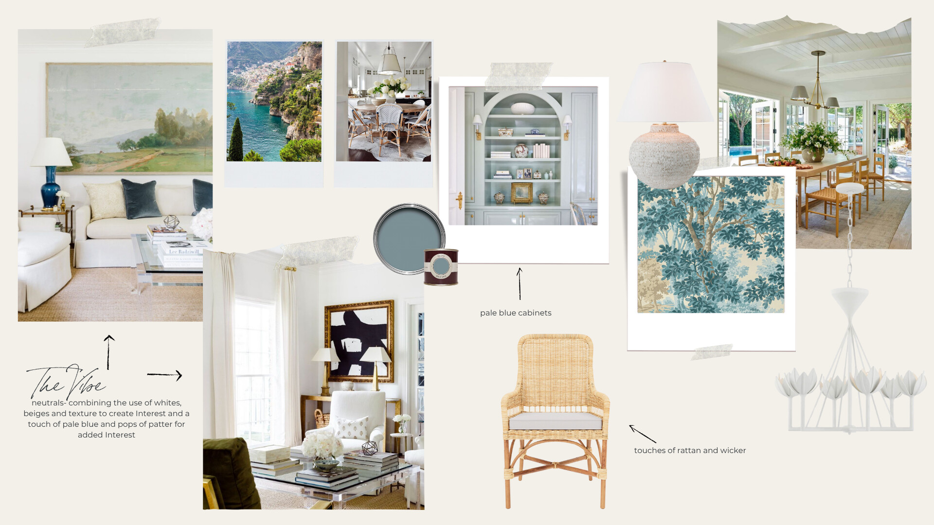 Interior design mood board featuring neutral tones, pale blue cabinetry, wicker and rattan furniture, layered textiles, and soft coastal-inspired accents. Includes inspiration photos, a woven armchair, a textured table lamp, wallpaper swatch, and a floral chandelier, all curated to reflect a calm, classic, and airy aesthetic.