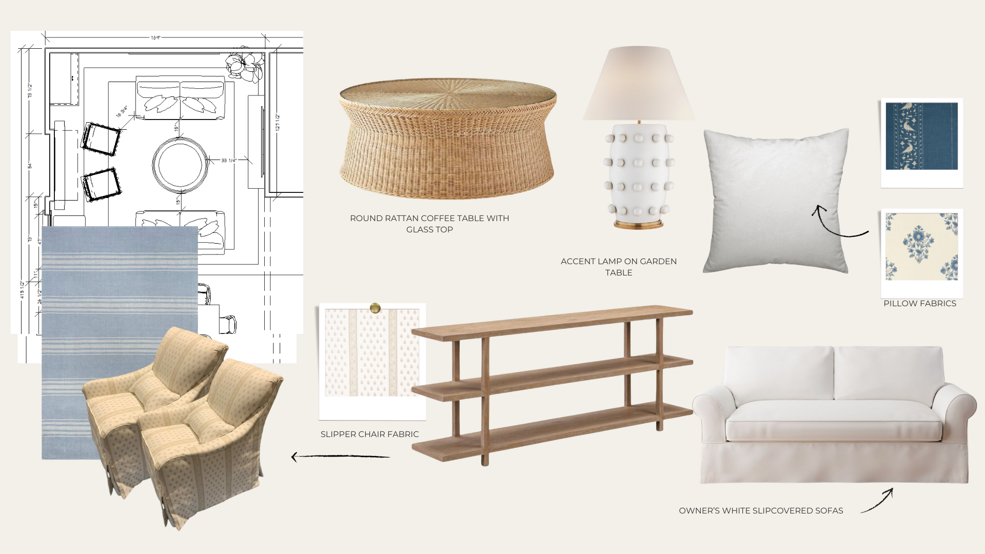 Family room design board featuring a floor plan and furniture layout. Includes a white slipcovered sofa, a round rattan coffee table with a glass top, blue striped rug, custom slipper chairs in patterned fabric, and a white accent lamp with raised detailing. Light wood console table and a mix of blue and cream floral pillow fabrics add softness and texture to the cozy, collected space.