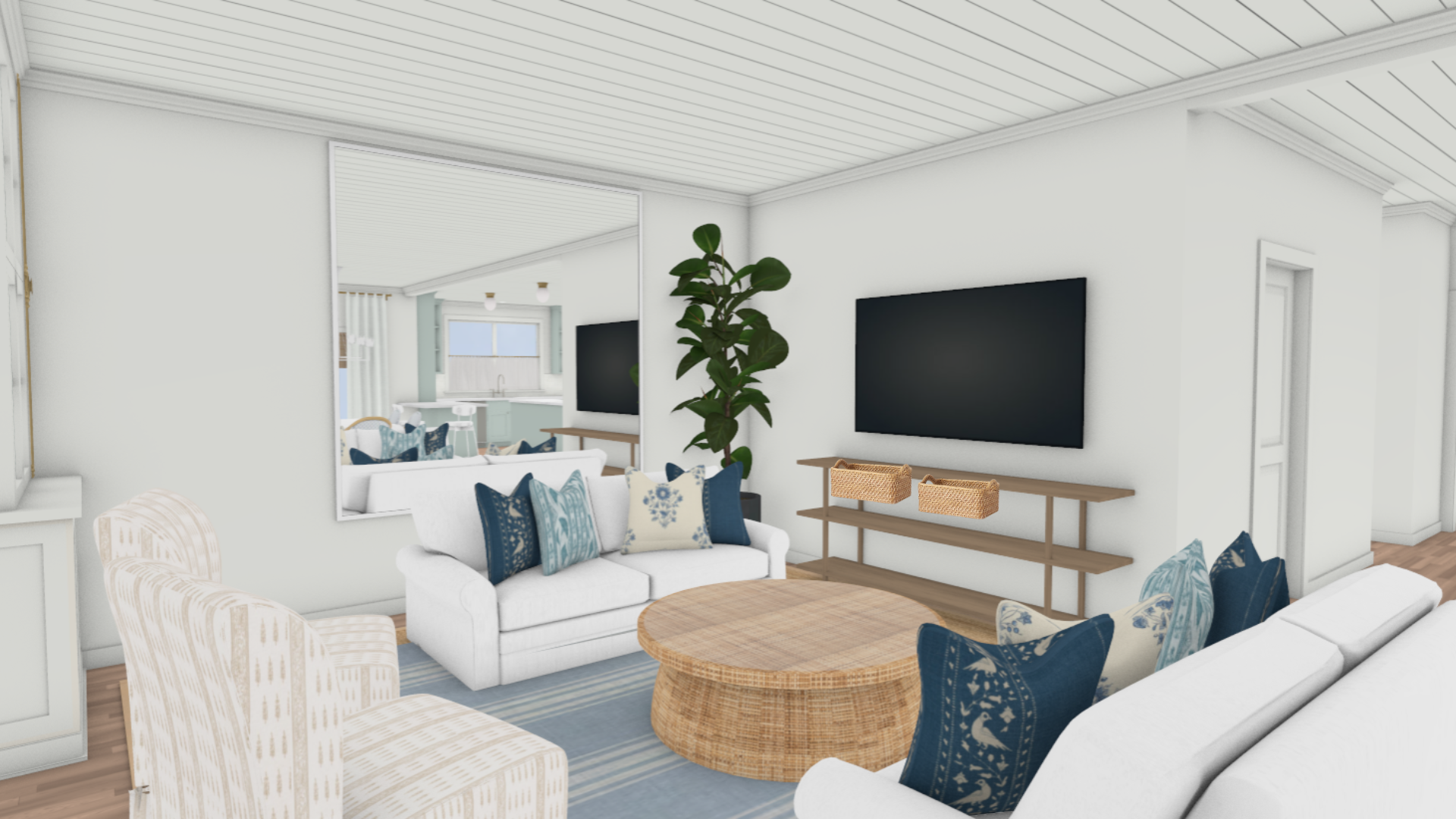 3D-rendered view of a light and airy family room featuring white slipcovered sofas, a round rattan coffee table, patterned accent chairs, a low wood console with woven baskets, and a tall leafy plant. Navy and soft blue pillows add contrast, with a large mirror reflecting a pale blue kitchen in the background. The space is styled in a casual yet polished aesthetic with shiplap ceilings and soft coastal tones.