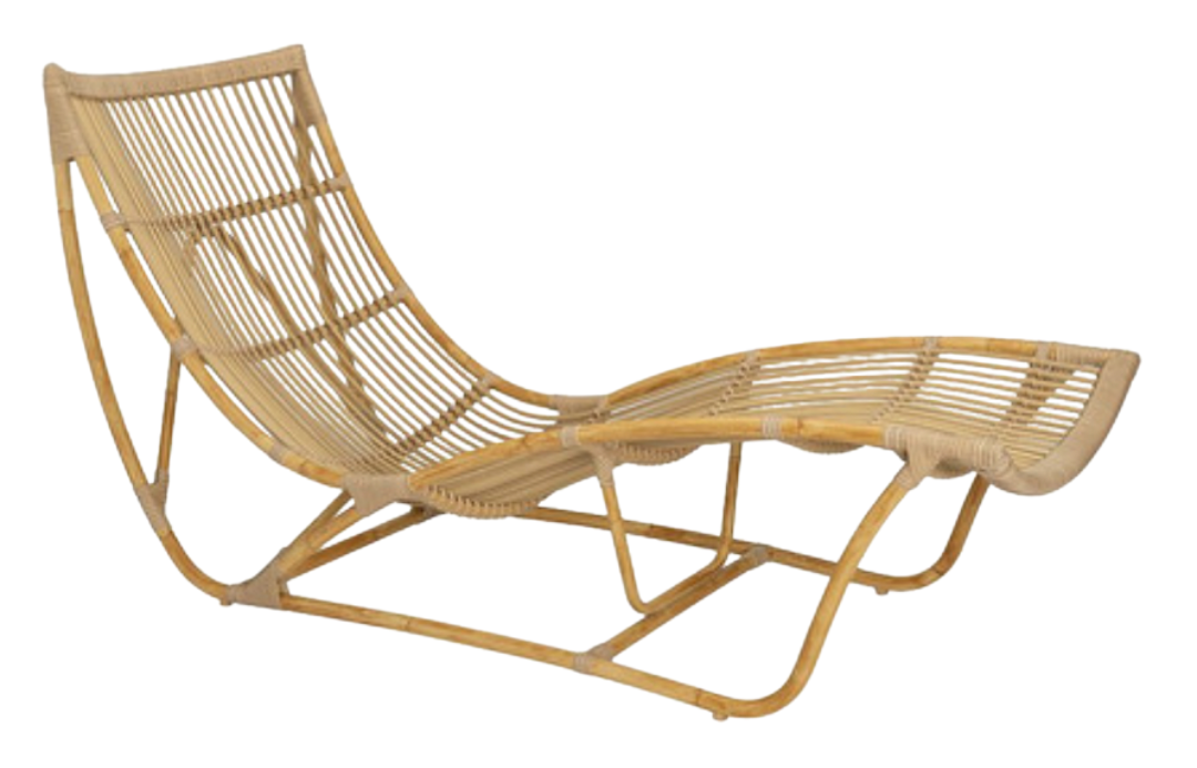 A sculptural, wave-like rattan chaise with an open-weave design and arched rockers, perfect for outdoor lounging.