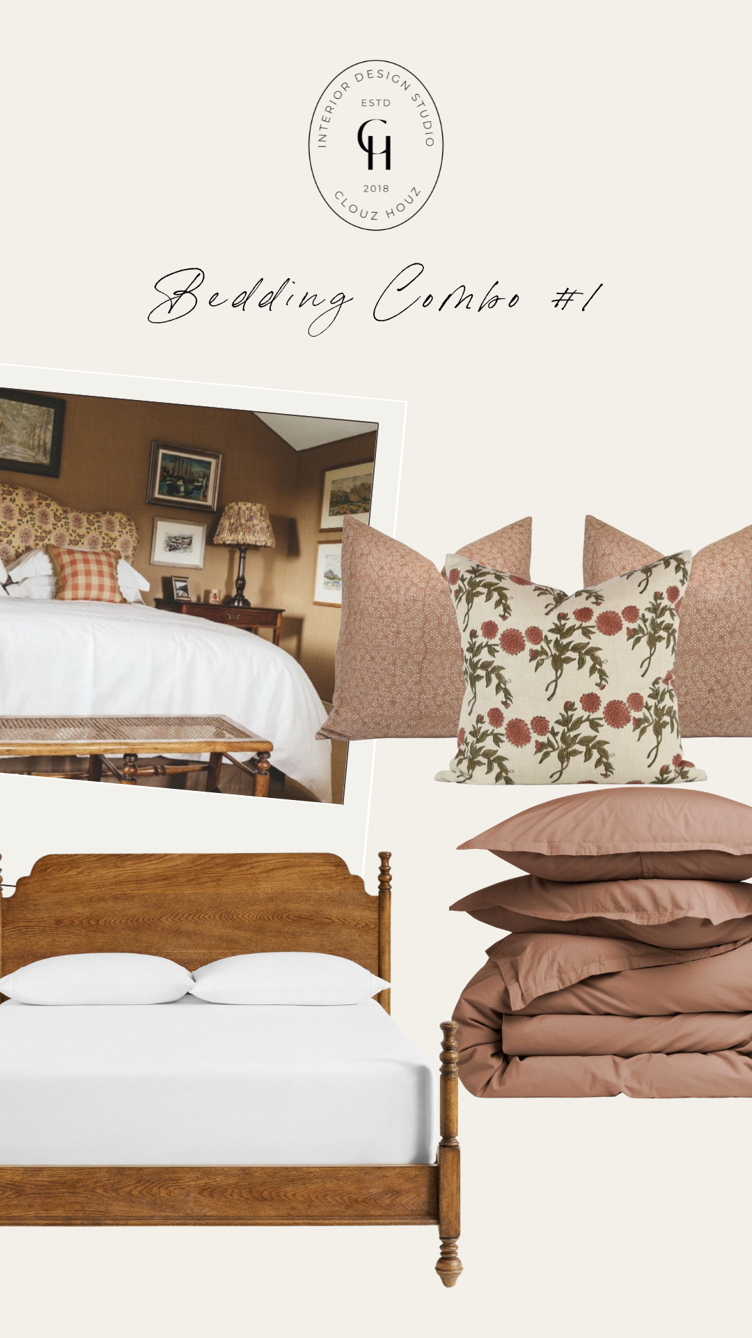 Collage of a cozy bedroom with floral headboard, cane bench, and vintage decor. Accompanying design elements include a warm wood bed frame, white sheet set, clay-colored duvet, floral accent pillow, and soft rose block print pillows.