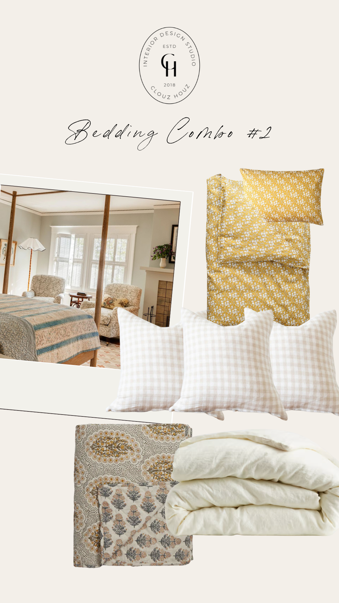 Image showcasing a sunny bedroom with a vintage four-poster bed and layered prints. Design elements include a yellow floral duvet set, beige gingham pillows, patterned block print quilt, and a neutral cotton comforter, evoking a cheerful and nostalgic summer mood.