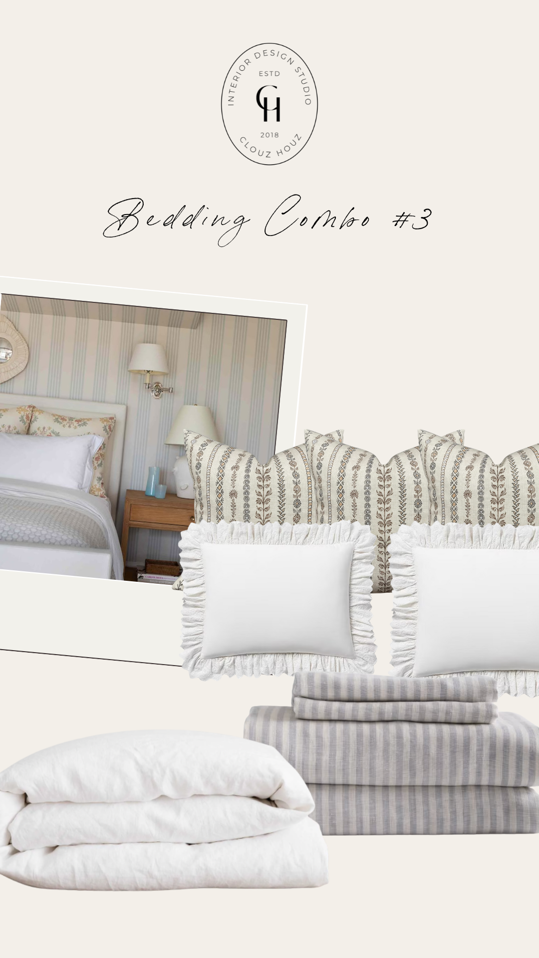Bright, airy bedroom with a coastal-inspired striped wallpaper. The combo includes grey and white striped linen sheets, a white linen duvet, cream fringe accent pillows, and botanical block print pillows, creating a crisp and breezy look.