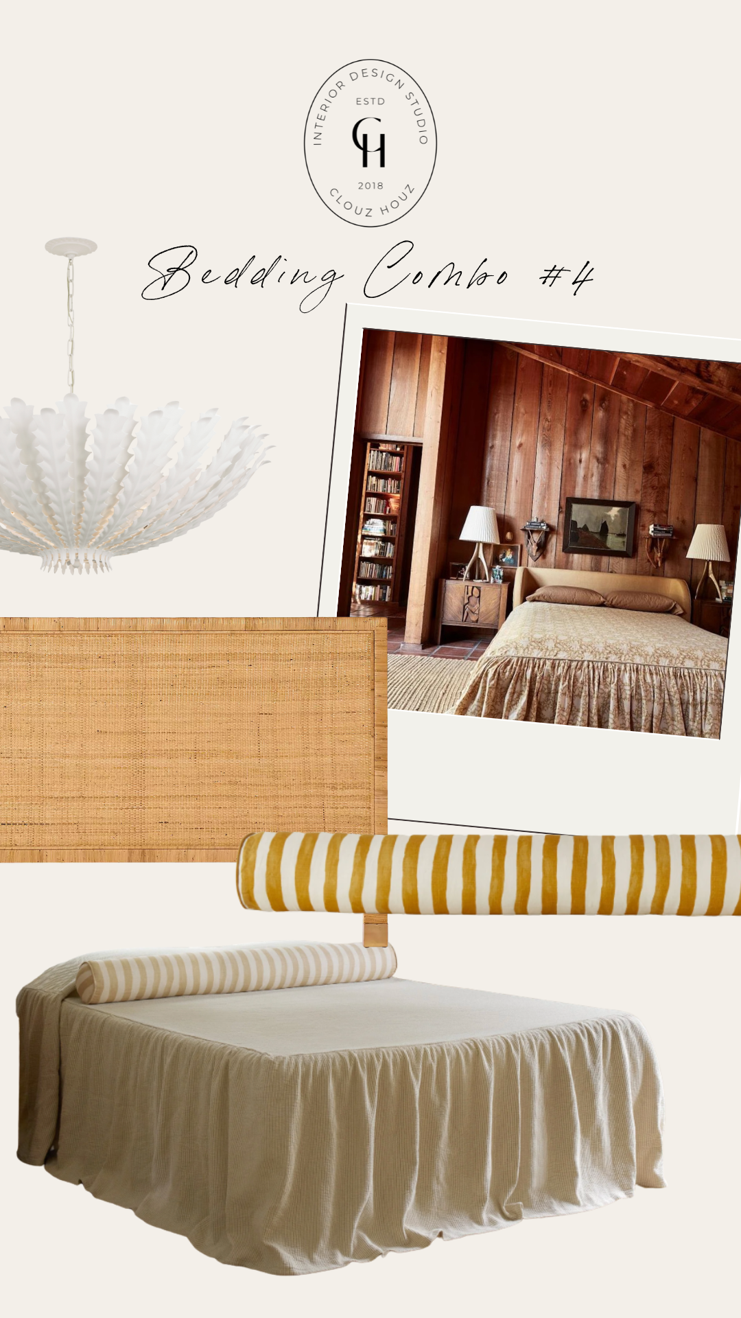 Rustic wood-paneled bedroom with mid-century elements. The bedding features a gathered neutral bedspread, mustard stripe bolster pillow, natural woven rug, and layered textures that bring a vintage-cabin energy with a modern twist.