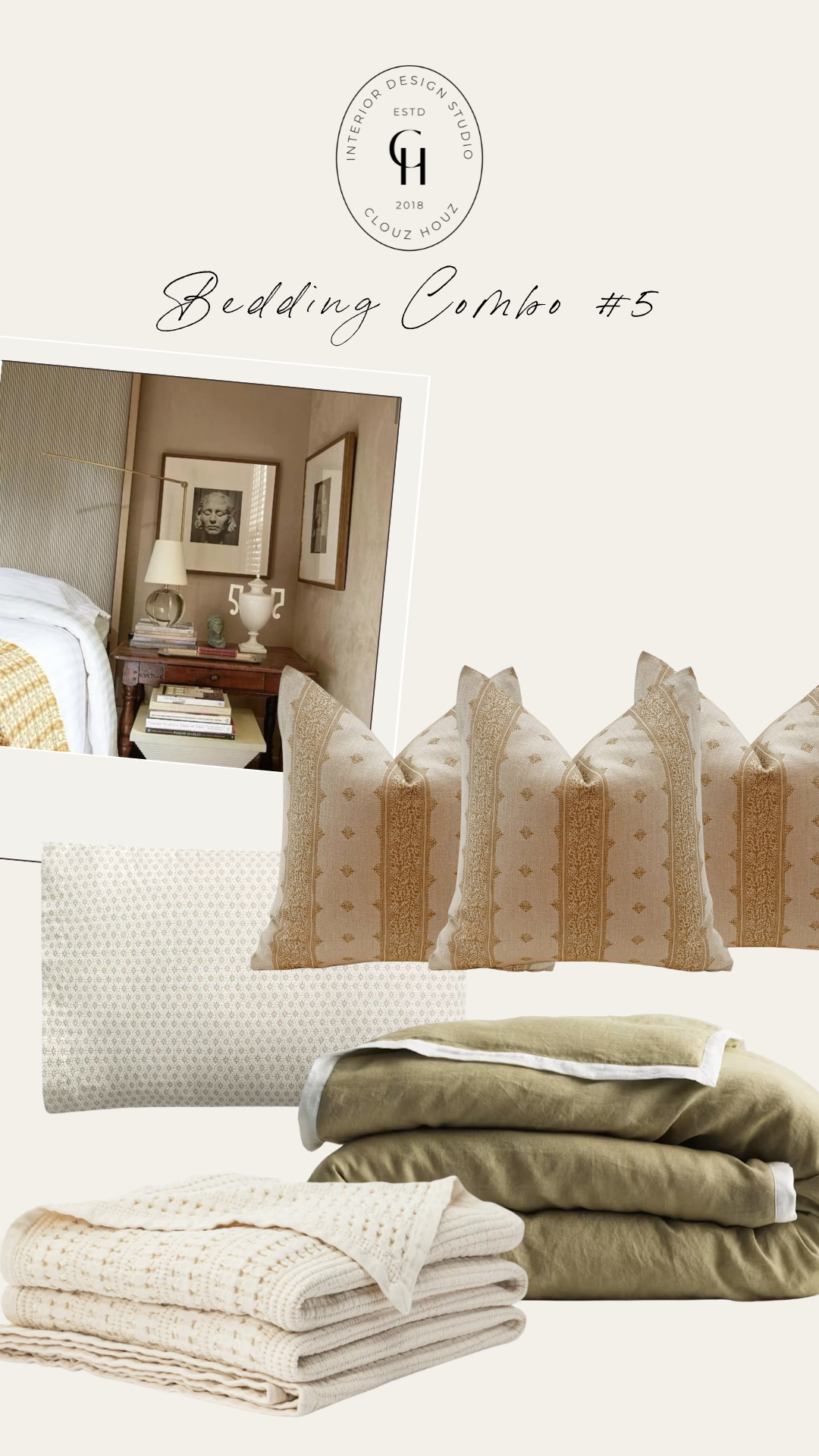 Moody and elegant bedroom with taupe walls and vintage artwork. The combo features soft olive green velvet bedding, cream crochet throw blanket, small-scale block print sheets, and gold-accented pillows, offering a layered, earthy summer look with refined warmth.