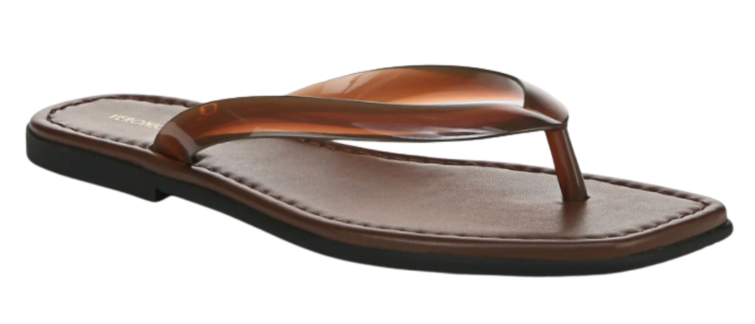 A translucent brown jelly sandal with a square-toe design and black sole.