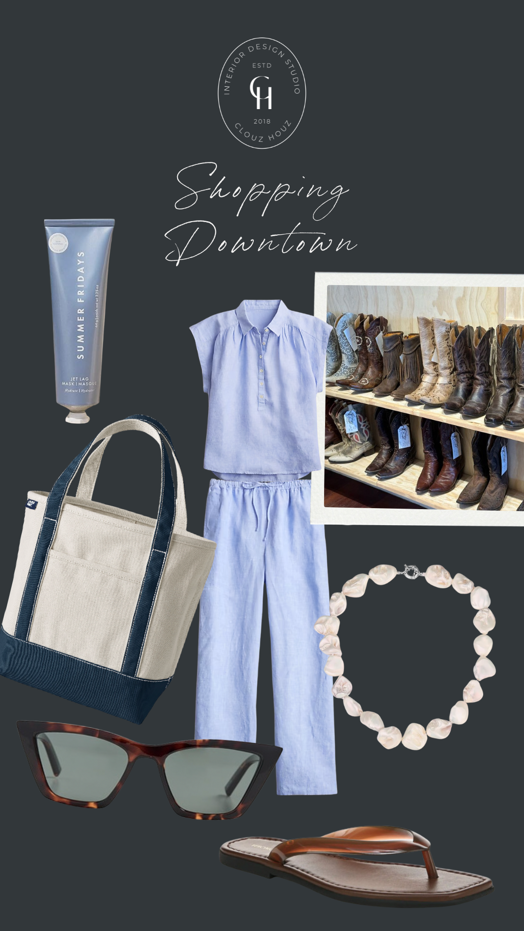 Flat lay of a summer outfit for strolling downtown, featuring a pale blue linen top with matching wide-leg pants, a structured canvas tote with navy accents, tortoise sunglasses, a pearl necklace, and a pair of leather sandals. A photo of vintage cowboy boots adds a western touch.