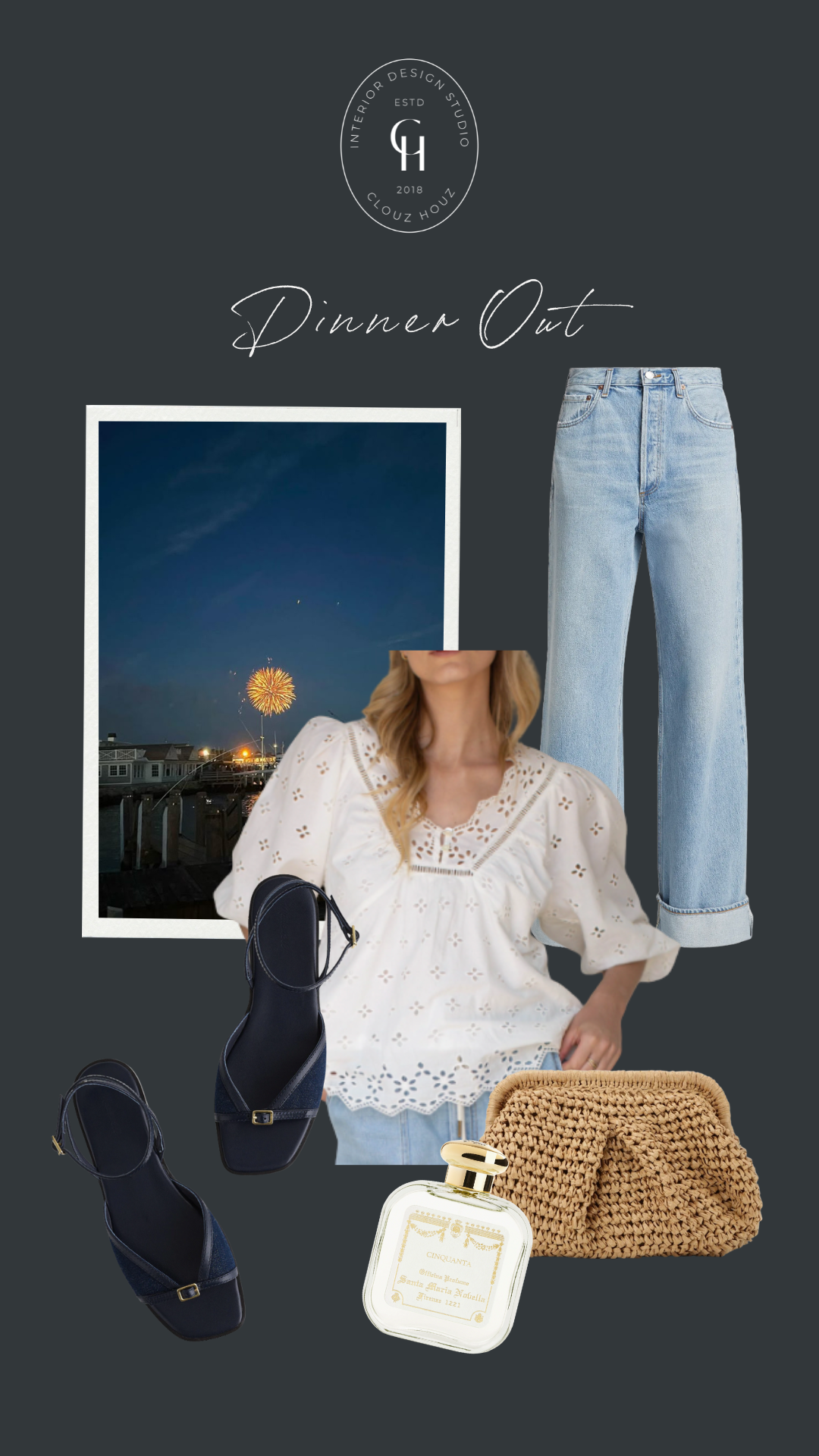 Curated outfit collage for an outdoor dinner, including a white eyelet blouse, cuffed light-wash jeans, navy sandals, a woven clutch, and a classic perfume bottle. The background features vintage American flag artwork with painted daisies.
