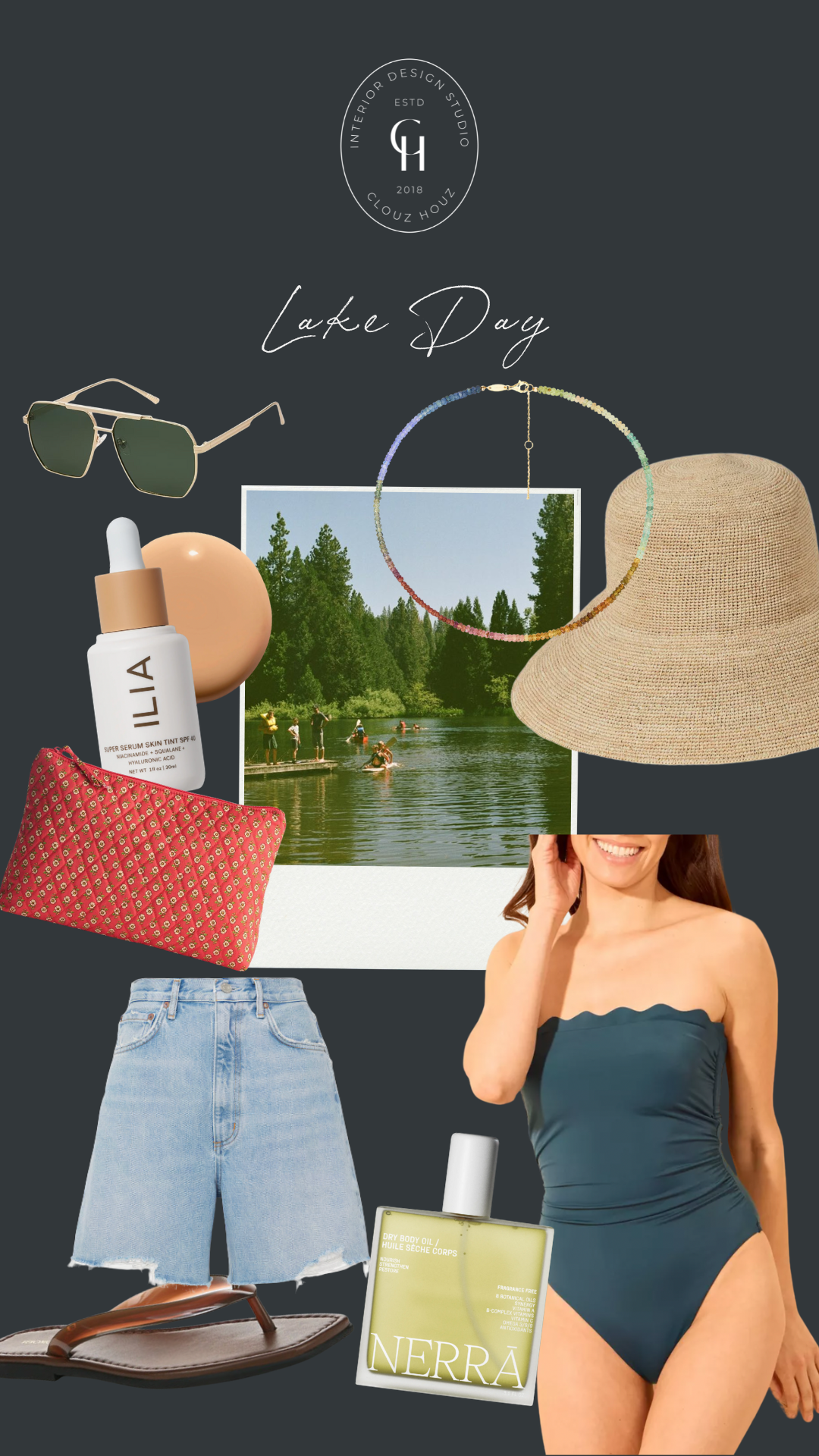 Western-inspired concert outfit layout with a cream strapless crochet dress, denim jacket, floral embroidered cowboy boots, straw purse with bamboo and tortoiseshell handle, and peachy lip gloss. A photo of a mountain stage and audience adds ambiance.