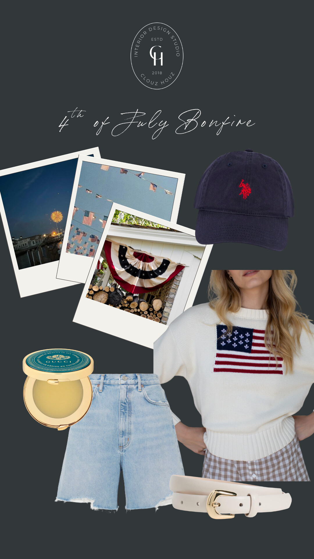 Festive and cozy 4th of July outfit idea with a vintage-inspired flag sweater, light-wash denim shorts, navy baseball cap, white leather belt, and Gucci lip balm compact. Background includes Polaroid-style images of fireworks and patriotic bunting.