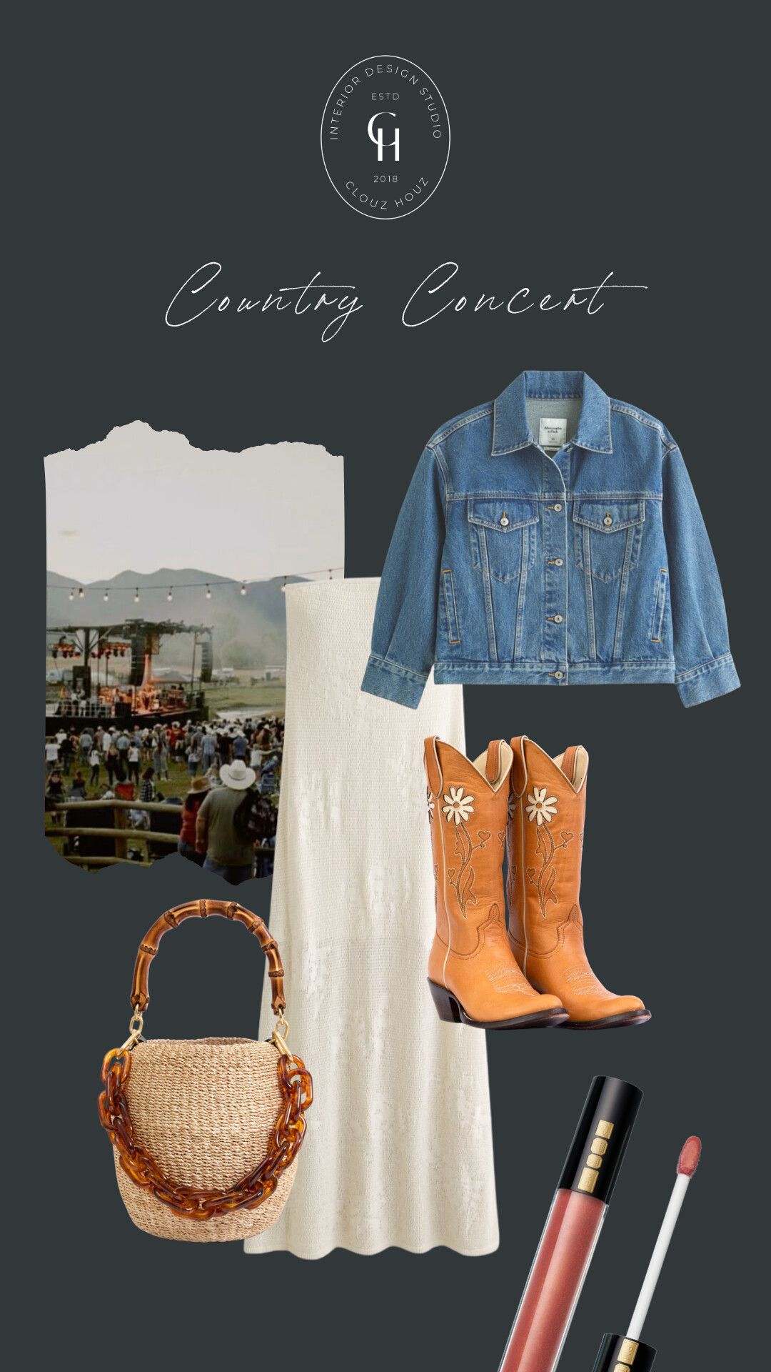 Western-inspired concert outfit layout with a cream strapless crochet dress, denim jacket, floral embroidered cowboy boots, straw purse with bamboo and tortoiseshell handle, and peachy lip gloss. A photo of a mountain stage and audience adds ambiance.